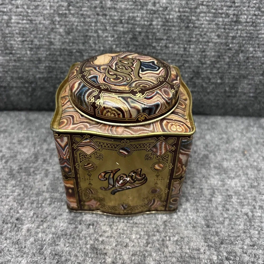 Dodo Designs Vintage Tea Canister Marbled Agate Pattern Tin Made in England Gold